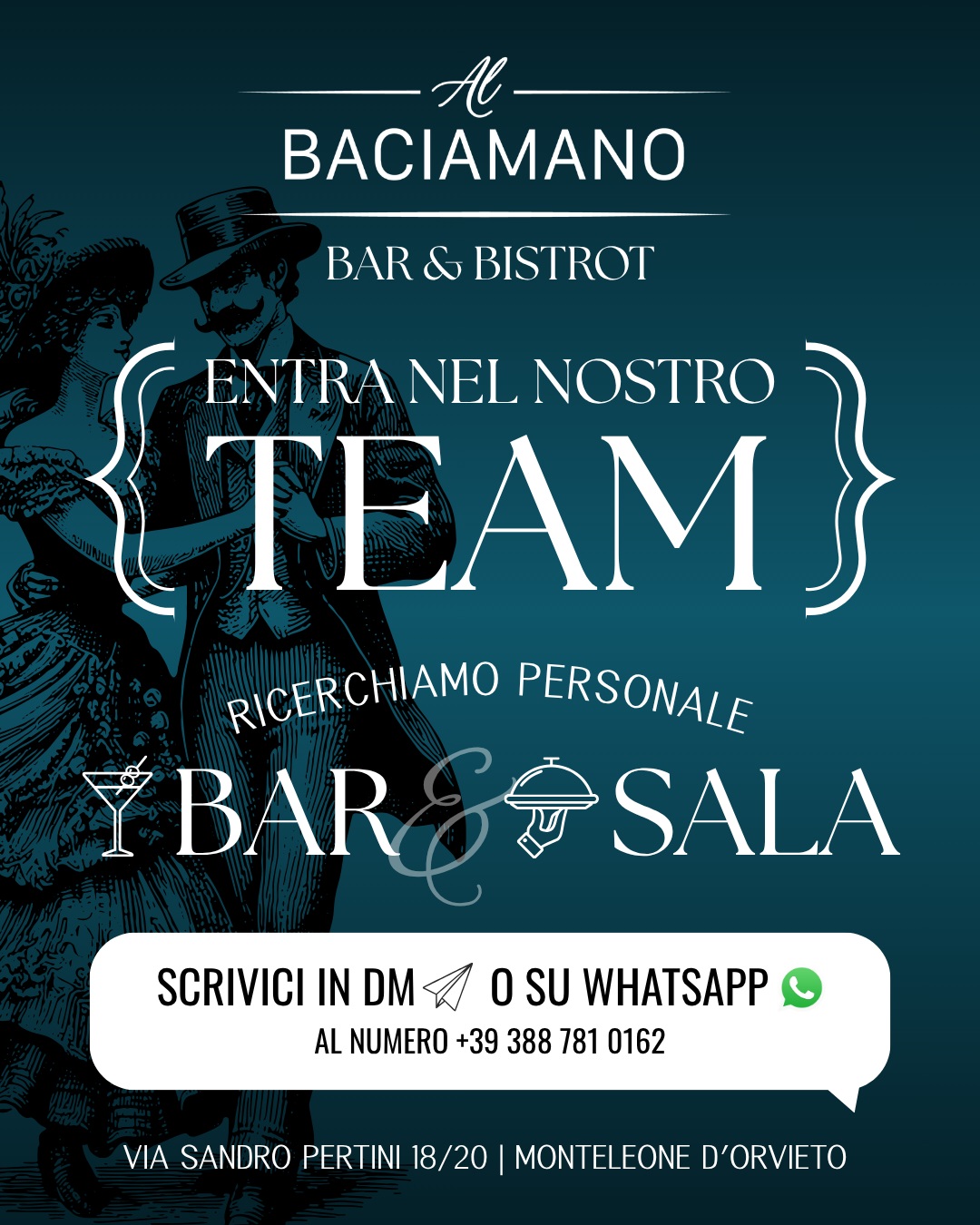 𝐄𝐍𝐓𝐑𝐀 𝐍𝐄𝐋 𝐍𝐎𝐒𝐓𝐑𝐎 𝐓𝐄𝐀𝐌! 😎🍸🫵🏻
Siamo in cerca di personale per Bar 🍹 e Sala 🍴 per ampliare la nostra squadra!

Se sei interessata/o a lavorare con noi, scrivici in DM 💌 o su Whatsapp 📲 +39 388 781 0162

Oppure, passa a trovarci @al.baciamano in 📍 Via Sandro Pertini, 18/20 a Monteleone d’Orvieto

𝑇𝑖 𝑎𝑠𝑝𝑒𝑡𝑡𝑖𝑎𝑚𝑜! 🤗